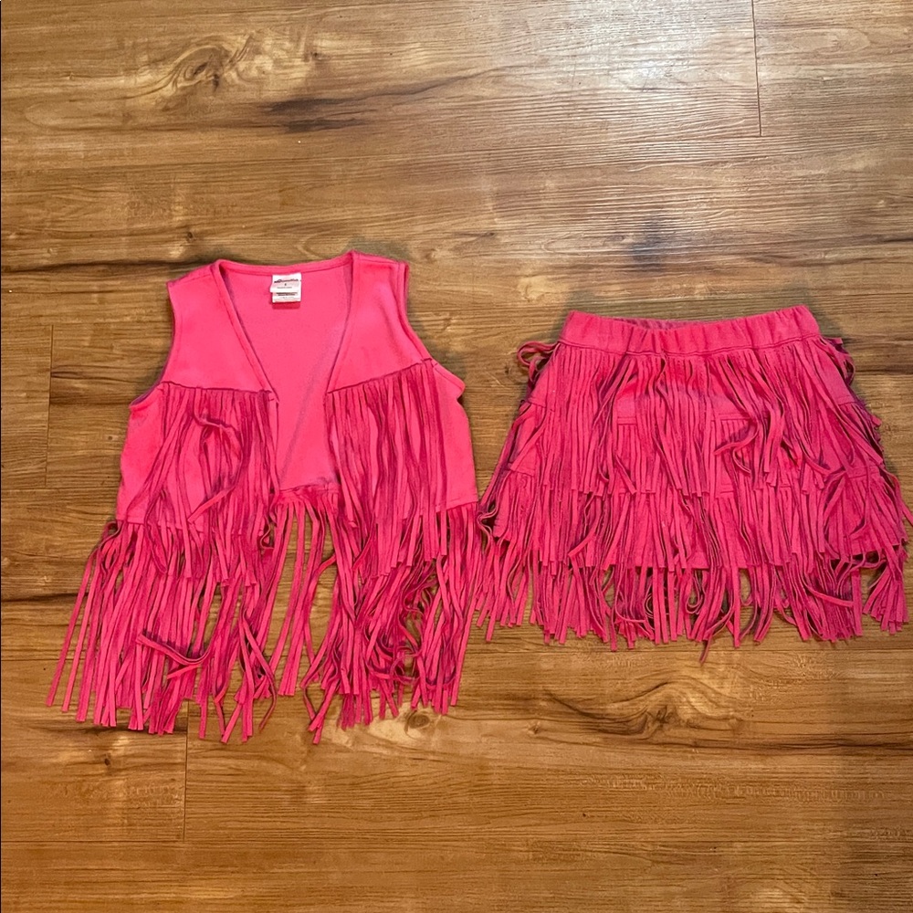 Pink Fringe Vest and Skirt Set